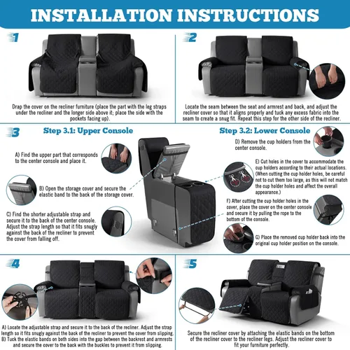 Vista 6 de TAOCOCO Funda para Sillón de Dos Plazas Reclinable 100% Impermeable con Consola Central, Funda de Sofá Reclinable Reversible para 2 Asientos
