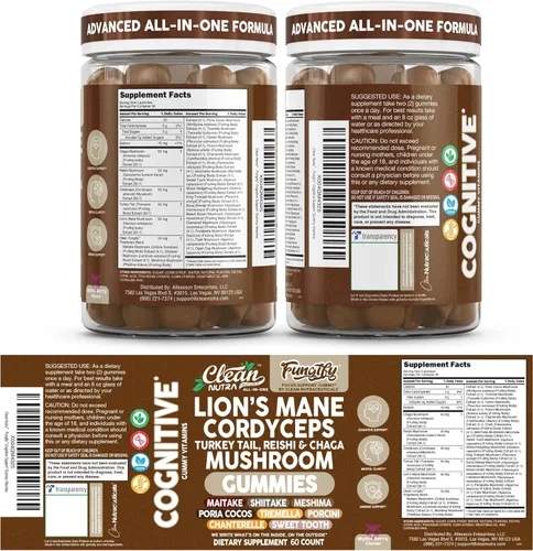 Vista 9 de Clean Nutra Lions Mane - Gomitas de hongos Cordyceps Suplemento para la memoria y la concentración Apoyo Inmunológico Vitaminas Reishi Chaga Pavo