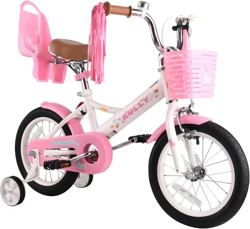 Vista 10 de RULLY Bicicleta para niños de 12, 14, 16 pulgadas, para niñas de 2 a 7 años con ruedas de entrenamiento y freno de mano delantero, bicicleta