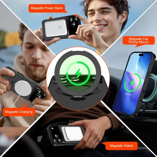 Vista 2 de Funda para iPhone 17 Pro Max con soporte magnético de 360° [compatible con MagSafe], funda protectora de fibra de carbono + 2 protectores de Negro