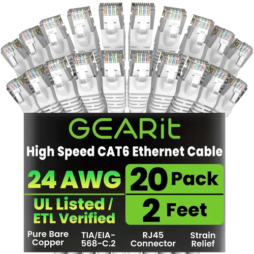 Vista 52 de GEARit Paquete de cables Ethernet Cat 6 - Paquete de 20 cables de conexión Ethernet Cat6 de 1 pie Cable de conexión de red RJ45, conectores sin