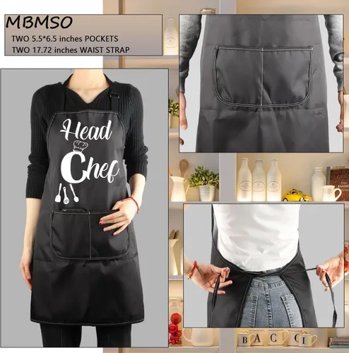 Vista 8 de MBMSO Delantales de chef y sous chef, delantales familiares a juego con bolsillos, para mamá, papá, hijo, hija, delantal de cocina, regalo