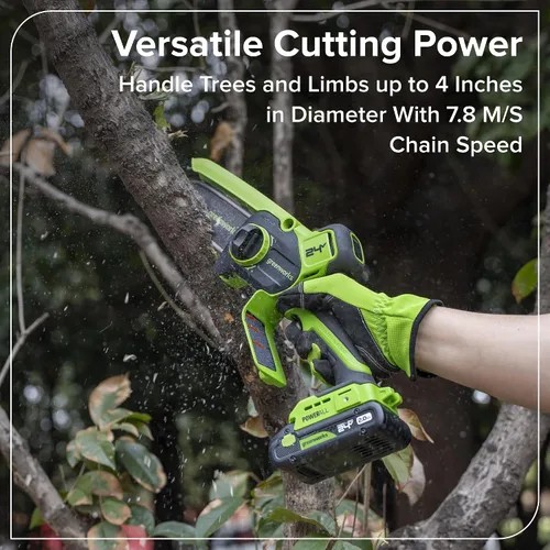 Vista 8 de Greenworks Mini motosierra sin escobillas de 24 V y 4 pies (engrasador automático, tensión sin herramientas, ultraligera), batería y cargador