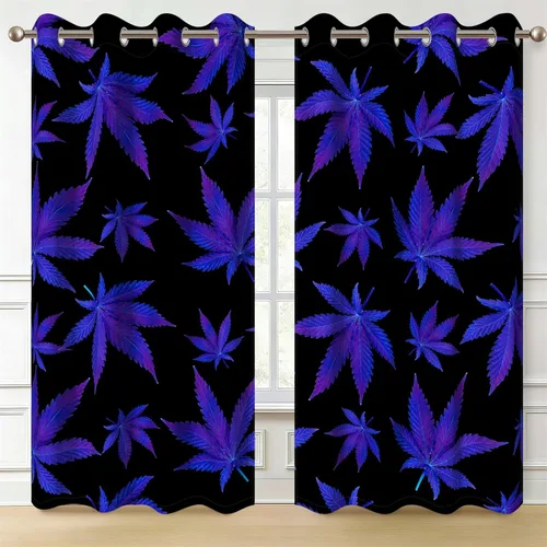 Vista 8 de Renaiss Cortinas de ventana de hoja de arce azul y morado, hojas de hierbas, impresión de follaje de malezas, tratamientos de ventana