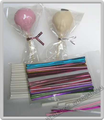 Vista 9 de 100 palitos de piruleta de 6 pulgadas + bolsas de 3 x 5 pulgadas + lazos plateados + 5 palitos transparentes gratis) para caramelos de piruleta Cake