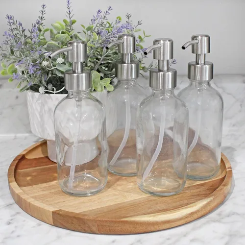 Vista 2 de Cornucopia Brands Botellas de vidrio transparente de 8 onzas con bombas de loción de acero inoxidable (paquete de 4); dispensadores de bomba