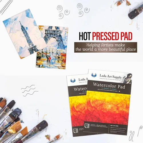 Vista 3 de Leda Art Supply Papel de acuarela prensado en caliente, paquete de 2 (24 hojas) de 300 gm – 140 libras, 25% algodón, fino papel de acuarela de arte