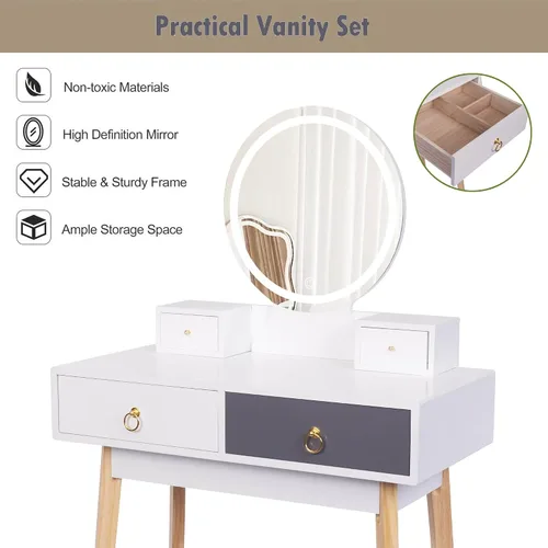 Vista 5 de Juego de tocador de maquillaje con espejo iluminado, escritorio blanco con cajones y taburete acolchado, mesa de maquillaje con espejo de luces
