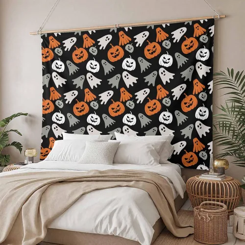 Vista 4 de Tapiz de Halloween para colgar en la pared, fantasma, monstruo de calabazas, tapiz estético lindo de dibujos animados naranja para dormitorio, sala