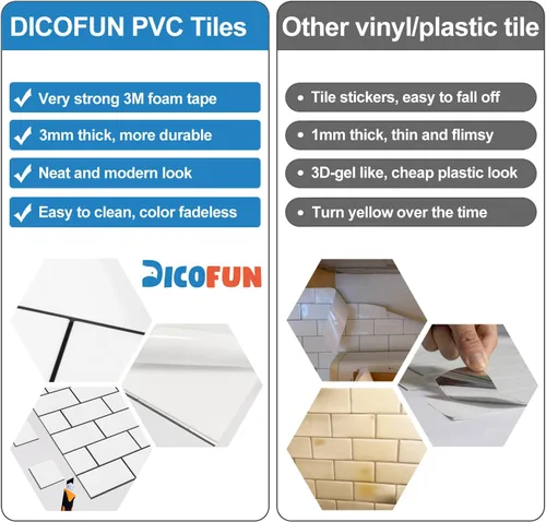 Vista 5 de DICOFUN 1 protector contra salpicaduras de PVC grueso blanco pulido, aspecto de cerámica, azulejos de pared para cocina Blanco (Polished White)