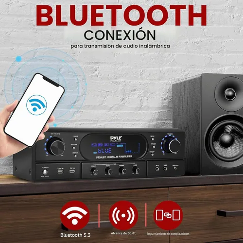 Vista 4 de Pyle Amplificador receptor de cine en casa Bluetooth – Amplificador de potencia máxima de 180 W con agudos, graves, control de eco, MP3/USB/FM