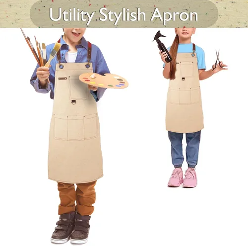 Vista 2 de Delantales artísticos infantiles para pintura, jardinería, cocina, múltiples bolsillos, bata para niños y niñas, impermeable (de 6 a 12 años)