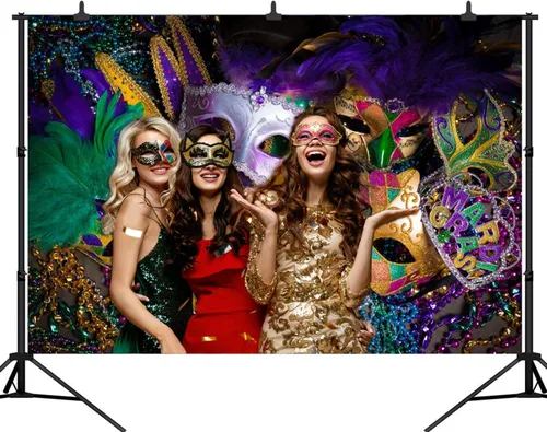 Vista 3 de CHAIYA Telón de fondo de fotografía con temática de Mardi Gras de 7 x 5 pies, fondo de mascarada, fiesta de baile, cabina de fotos para boda