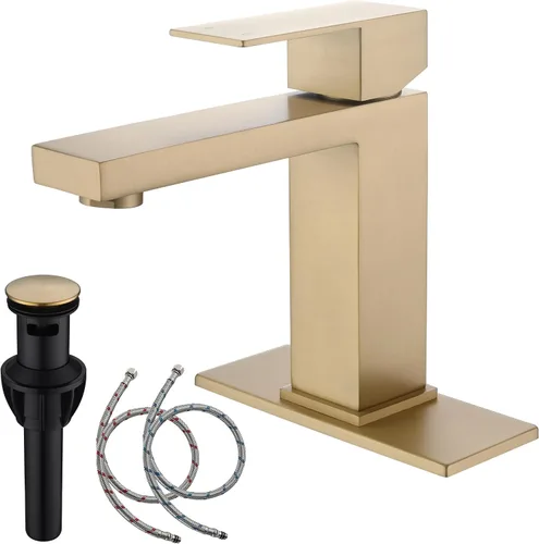 Vista 10 de llave de fregadero dorado cepillado, grifo de baño dorado de un solo agujero, grifo de fregadero de una sola manija alto con desagüe desplegable