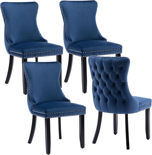 Vista 15 de mikibama Juego de 2 sillas de comedor tapizadas de terciopelo con respaldo de ala, sillas de comedor con patas de madera maciza con botón de cabeza