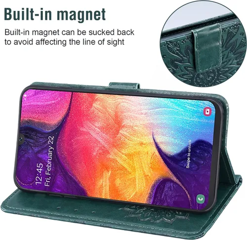 Vista 3 de Funda de teléfono para Samsung Galaxy A50 con protector de pantalla de vidrio templado, funda magnética de cuero, soporte para tarjetas, accesorios