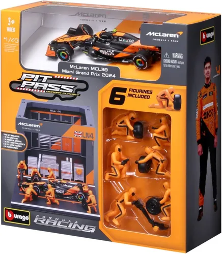 Vista 4 de Bburago 1:43 Escala 2024 Formula Race McLaren MCL38 Pit Pass Paddock Set, Norris #4