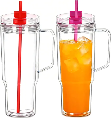 Vista 19 de Vasos de plástico de 40 onzas con asa, tapa de rosca con popote incluido, botella de agua reutilizable de doble pared a prueba de fugas, taza