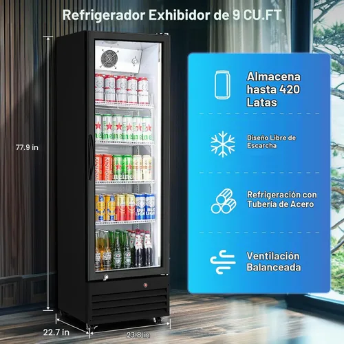 Vista 3 de BODEGA BODEGACOOLER - Refrigerador comercial de bebidas de 9 pies cúbicos con puerta de cristal, refrigeradores de bebidas para exhibición de Negro