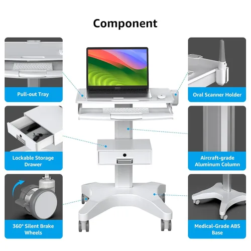 Vista 4 de Carrito médico con bandeja para laptop y soporte para escáner oral, estación de trabajo móvil sobre ruedas con cajón para hospitales, clínicas