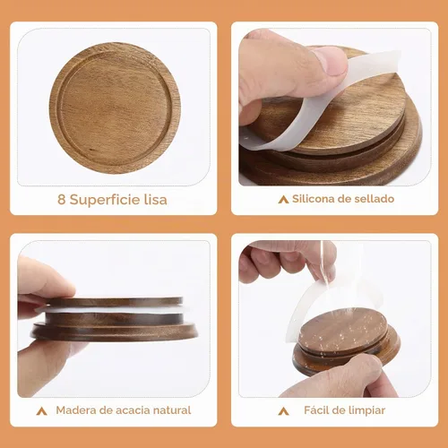 Vista 3 de Paquete de 6 tapas para frascos Mason de boca regular, tapas reutilizables para enlatado, tapas para frascos Mason de madera de acacia con sello