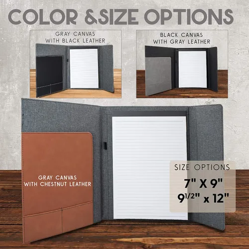 Vista 4 de Portafolio personalizado, cuero negro y gris, carpeta organizadora de cartera de negocios de lona, soporte para bloc de notas personalizado