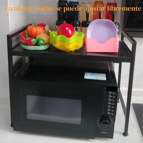 Vista 7 de Soporte extensible para horno de microondas, estante ajustable para microondas, estante para tostadora, estante resistente, organizador de encimera