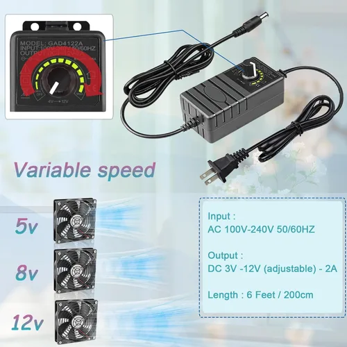 Vista 3 de Ventilador de computadora de 4.724 in x 0.984 in con enchufe de CA, 110 V, 120 V, 220 V, 240 V CA a CC 12 V, velocidad variable para electrónica