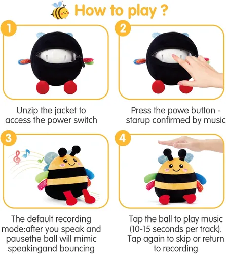 Vista 5 de hahaland Juguete de bebé para 6 + 12 18 meses – Crawling Musical Dancing Bouncing Learning Bee Plush, juguete interactivo para el tiempo boca abajo