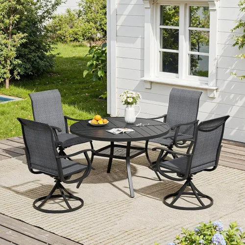 Vista 56 de VICLLAX Muebles pequeños de exterior de 3 piezas, 2 sillas giratorias de patio y mesa redonda pequeña para 2, sillas de carbón oscuro y negro