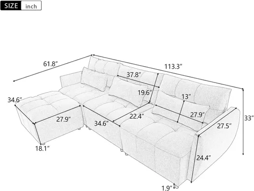 Vista 2 de KEVINSPACE Sofá moderno de 113.3 pulgadas, sofá de 3 plazas para sala de estar, sofá de tela de felpilla con puertos USB otomano, juego de 3