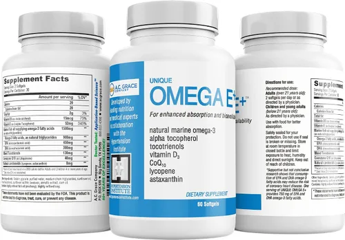 Vista 7 de UNIQUE E A.C. Grace Company Omega E+ - Suplemento de aceite de pescado - con ácidos grasos omega-3 marinos, vitamina E, vitamina D3 y CoQ10 - Ayuda