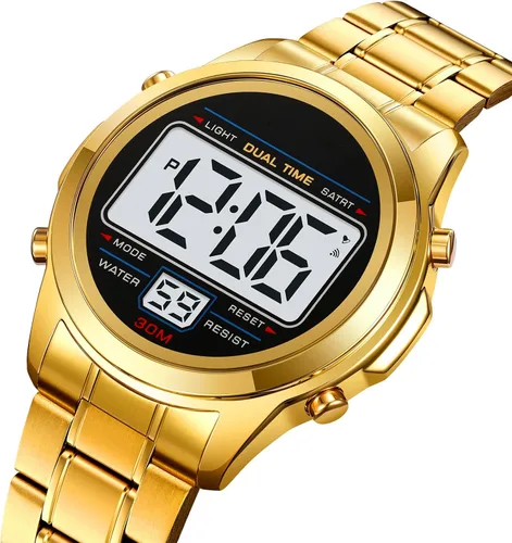 Vista 3 de PASOY Men's Digital Gold Watch Unisex Backlit Multifunction Stopwatch Alarm Waterproof Sport Women Watches Braided Bracelet Stainless Steel Black