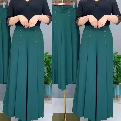 Vista 4 de Pantalones plisados de pierna ancha con estilo fresco y delgado, pantalones de cintura alta con doble botonadura y pierna ancha, pantalones plisados