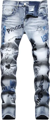 Vista 33 de Baylvn - Pantalones de mezclilla para hombre con diseño patchwork, ajustados y cómodos, estilo motociclista 3132 Camuflaje y azul