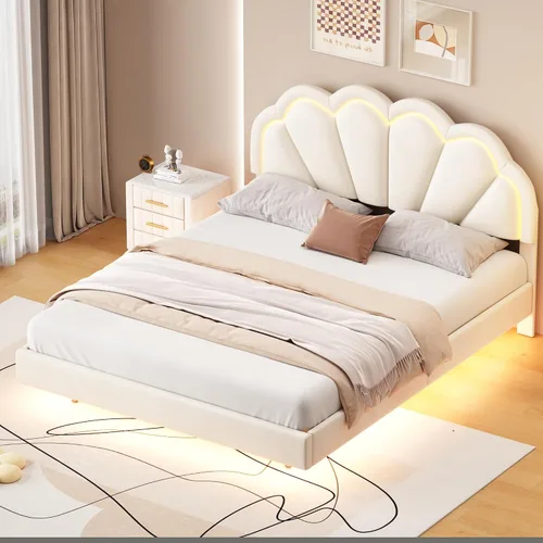 Vista 10 de Cama de plataforma de madera tamaño individual con luz LED integrada, cabecera de almacenamiento y barandilla, dormitorios adecuados para niños