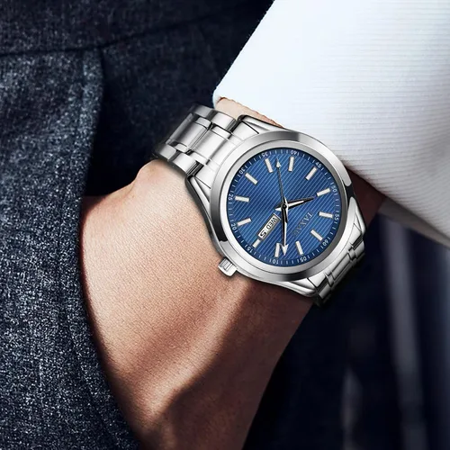Vista 3 de Taxau Reloj minimalista para hombre, reloj de cuarzo de acero inoxidable para hombre con fecha, reloj clásico de cara grande impermeable para hombre