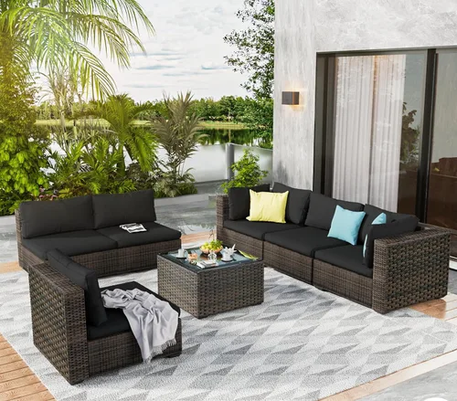 Vista 10 de Juego de muebles de patio al aire libre, 7 piezas, sofá seccional de mimbre con cojines y mesa de té, sofá de conversación de ratán para patio Beige