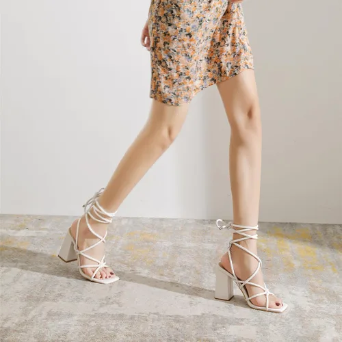 Vista 3 de Sandalias de tacón grueso con cordones para mujer, bonitas sandalias de tacón de bloque para mujer, elegantes y sexys con punta cuadrada