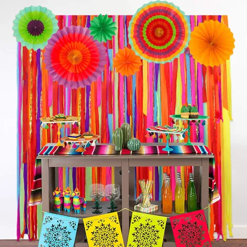 Vista 6 de Telón de fondo de fiesta mexicana con abanicos de papel, decoración de fiesta mexicana del Cinco de Mayo, telón de fondo para boda, novia, baby