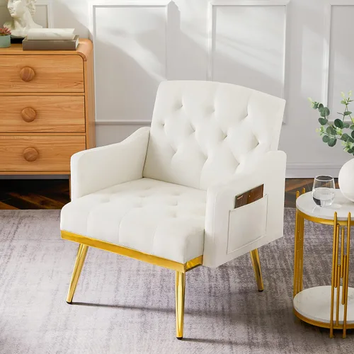 Vista 2 de Sofá con acento de terciopelo, moderno sillón tapizado con bolsillo para sala de estar, dormitorio, oficina, sala de recepción, sala de estar