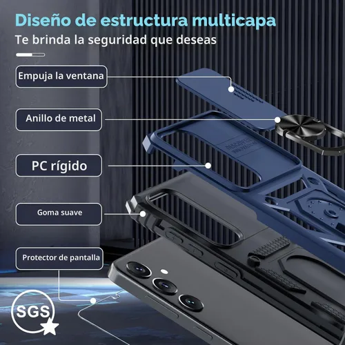 Vista 4 de Janmitta Compatible con Samsung Galaxy S24 FE Funda con Cubierta Deslizante Integrada para Lente de Cámara + Protector de Pantalla + Soporte de Azul