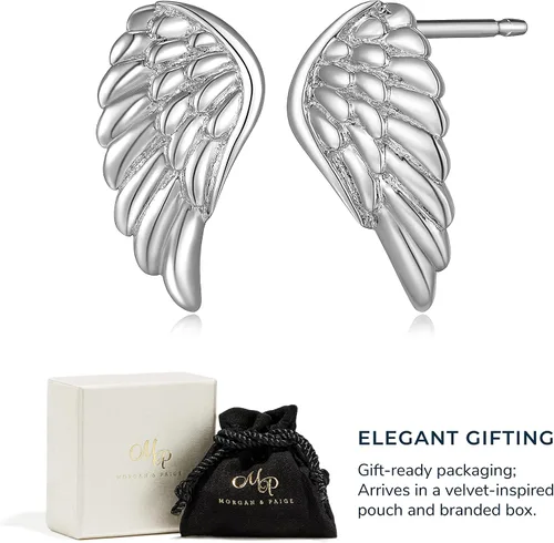 Vista 6 de Morgan & Paige Rhodium 14K Rose Gold 18K Yellow Gold Plated 925 Sterling Silver Angel Wing Stud Earrings Hypoallergenic Adorned for Women