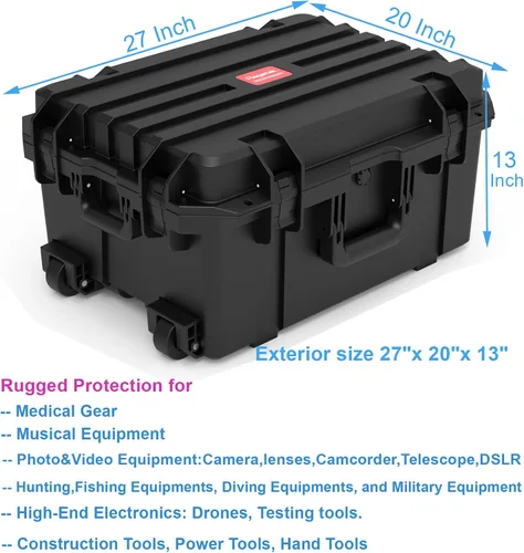Vista 4 de Regetek Funda rígida impermeable, 27 x 20 x 13 pulgadas, funda rígida con ruedas, mango retráctil para cámara, dron, herramienta, electrónica, a