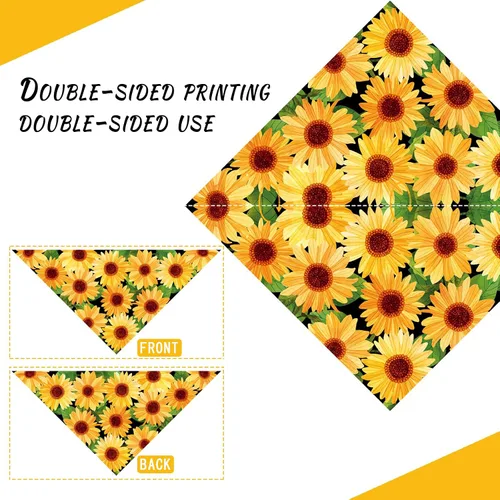 Vista 4 de Pañuelo de girasol con hojas para perro, bufanda lavable para mascotas, pañuelo ajustable triangular, estampado de doble cara, negro, girasol