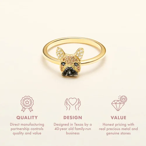 Vista 5 de SCAMPER & CO Regalos para el día de San Valentín para ella, anillo de plata de ley Bulldog francés para mujer, chapado en oro amarillo de 18