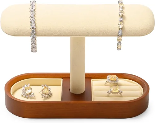 Vista 4 de Oirlv Soporte de reloj de madera maciza con barra en T, organizador para hombres y mujeres, soporte de exhibición de joyas, anillos, aretes, collar