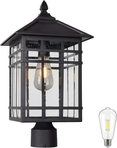 Vista 10 de Luces de poste solares para exteriores, lámparas de poste negro impermeables y antioxidantes con vidrio transparente, lámpara LED alimentada por