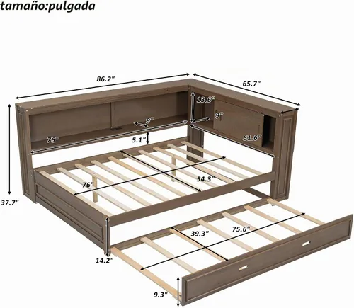 Vista 2 de SOFTSEA Sofá cama esquinera de tamaño matrimonial con nido y estantería, sofá cama en forma de L con luces LED y puertos USB, marco de cama Antique