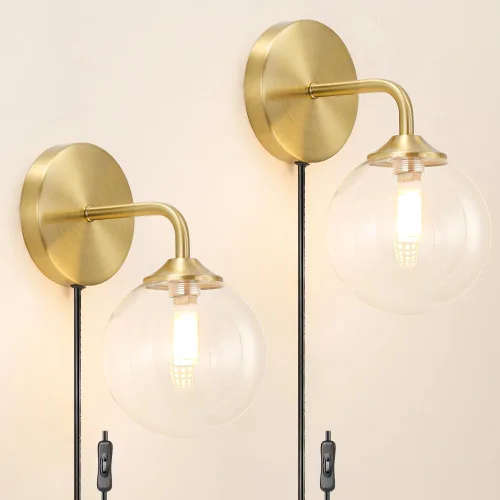 Vista 11 de Juego de 2 apliques de pared blancos enchufables, lámpara de pared moderna con cable de enchufe, aplique de madera con pantalla de metal martillado